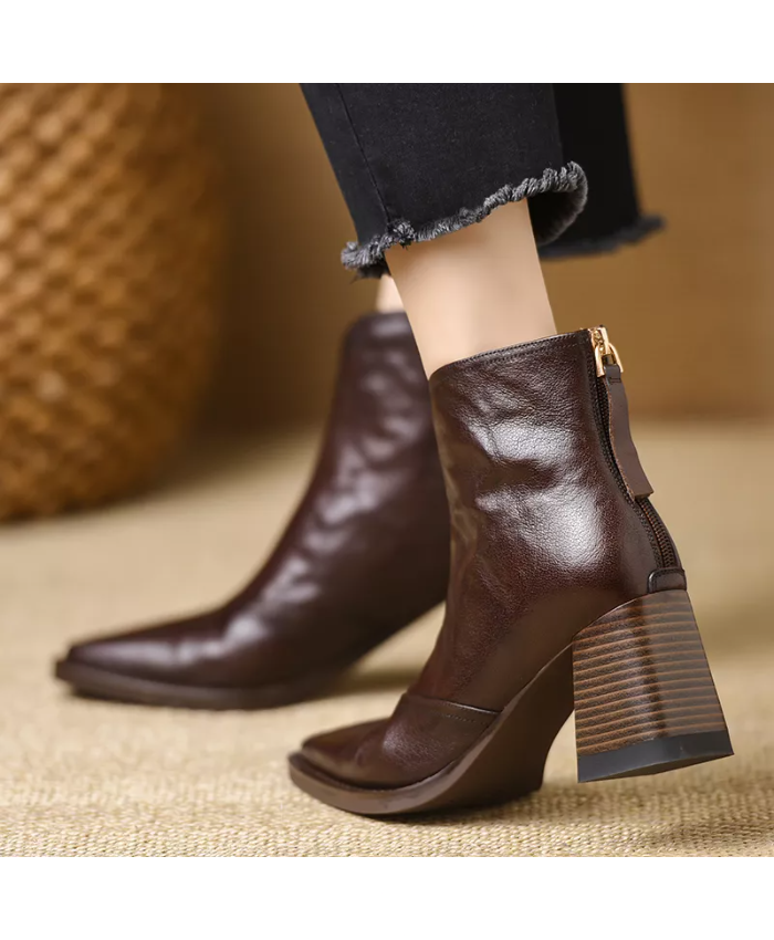Vintage Square Toe Ankle Boots For Women With Thick Heel And Back Zipper