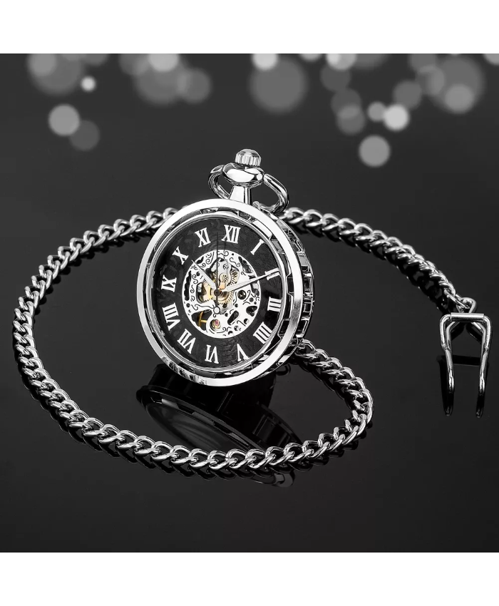 Antique Silver Mechanical Pocket Watch with Roman Numerals & Chain