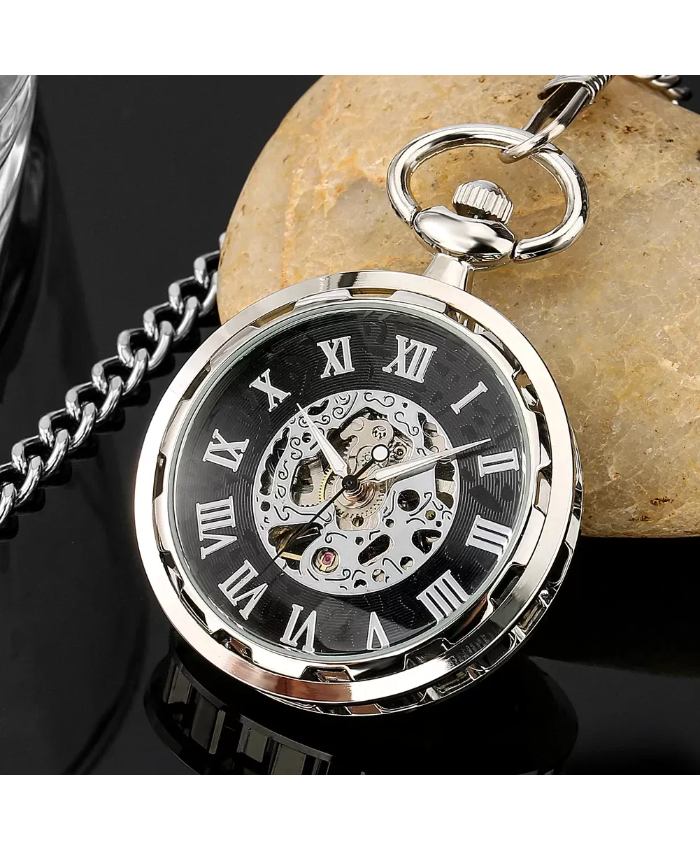 Antique Silver Mechanical Pocket Watch with Roman Numerals & Chain