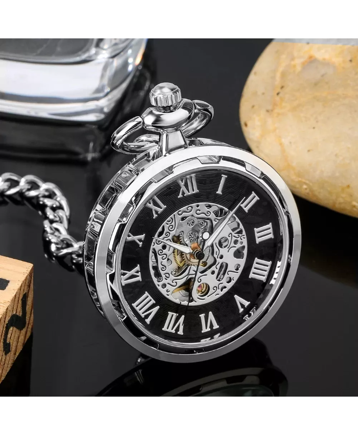 Antique Silver Mechanical Pocket Watch with Roman Numerals & Chain