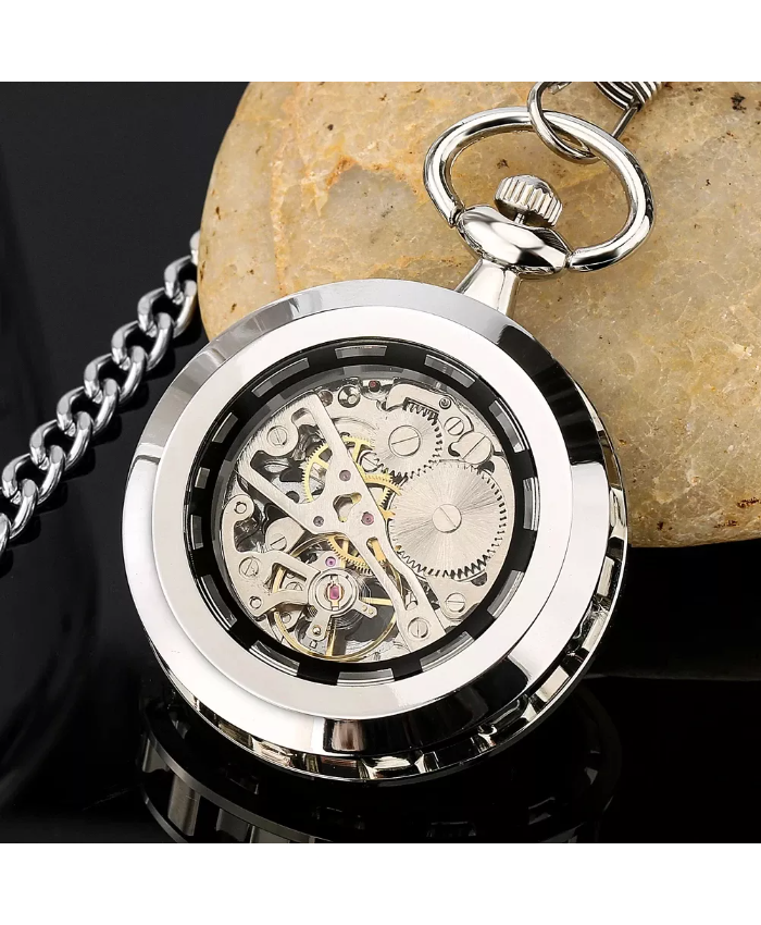 Antique Silver Mechanical Pocket Watch With Roman Numerals & Chain