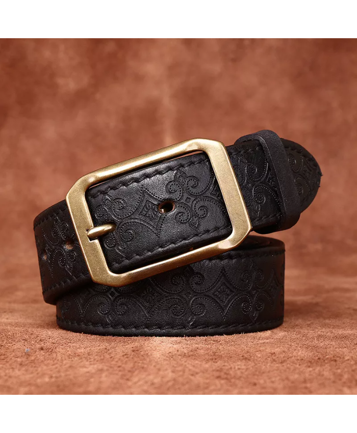 3.8CM Thick Cowhide Leather Belt with Brass Buckle for Men