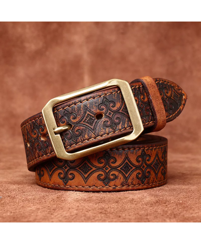 3.8CM Thick Cowhide Leather Belt With Brass Buckle For Men