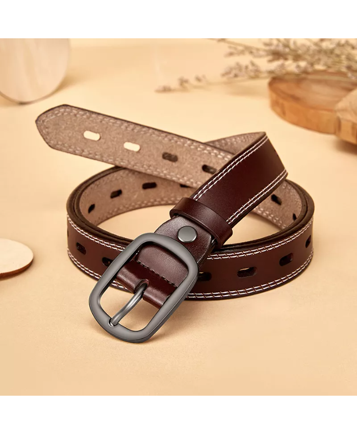 Narrow Leather Belt for Women – Brown Buckle Stylish Waistband