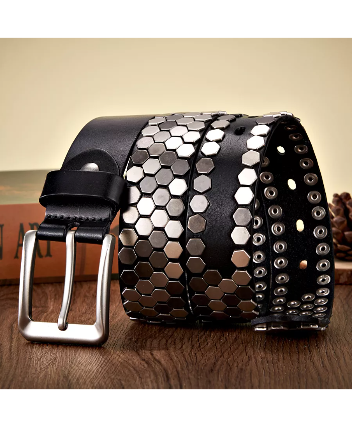 Men’s Punk Rivet Studded Leather Belt with Pin Buckle