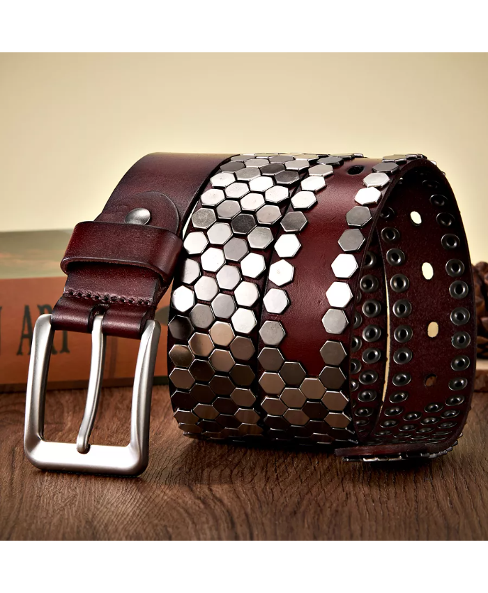 Men’s Punk Rivet Studded Leather Belt with Pin Buckle