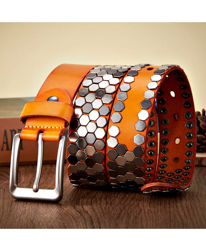 Men’s Punk Rivet Studded Leather Belt With Pin Buckle