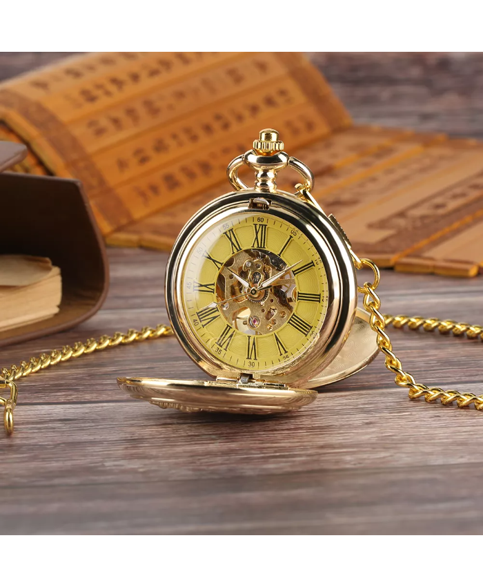 Vintage Gold Mechanical Pocket Watch with Elk Design and Fob Chain