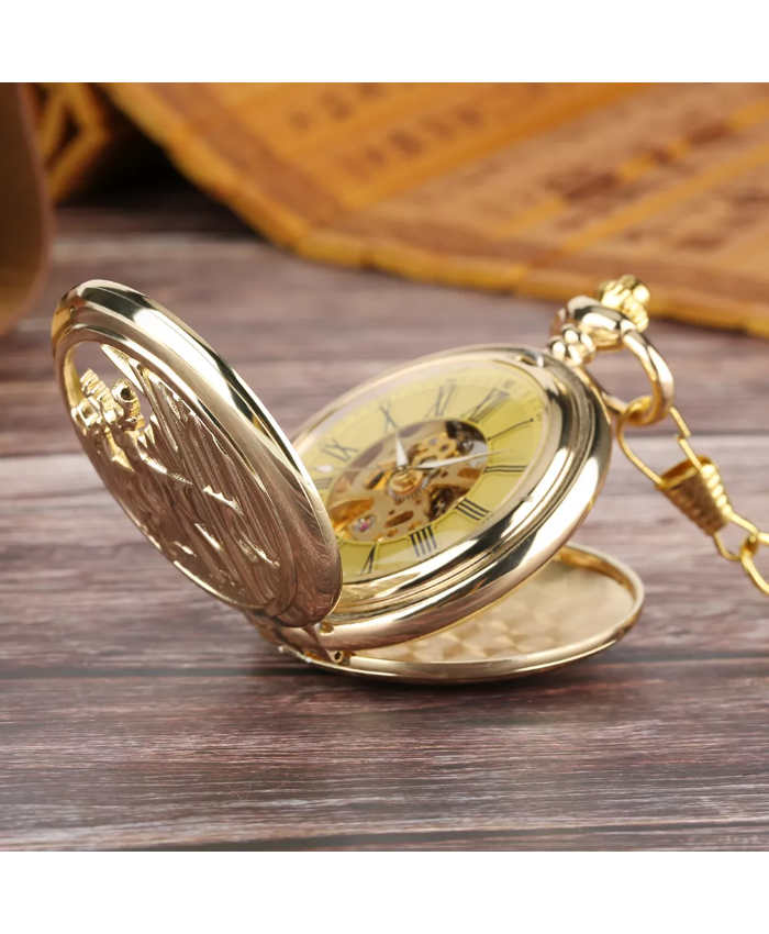 Vintage Gold Mechanical Pocket Watch With Elk Design And Fob Chain