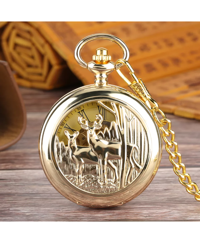 Vintage Gold Mechanical Pocket Watch With Elk Design And Fob Chain