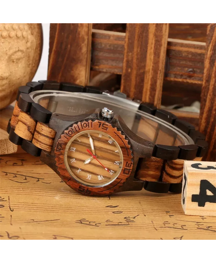 Elegant Wooden Women’s Quartz Bangle Watch with Roman Numerals