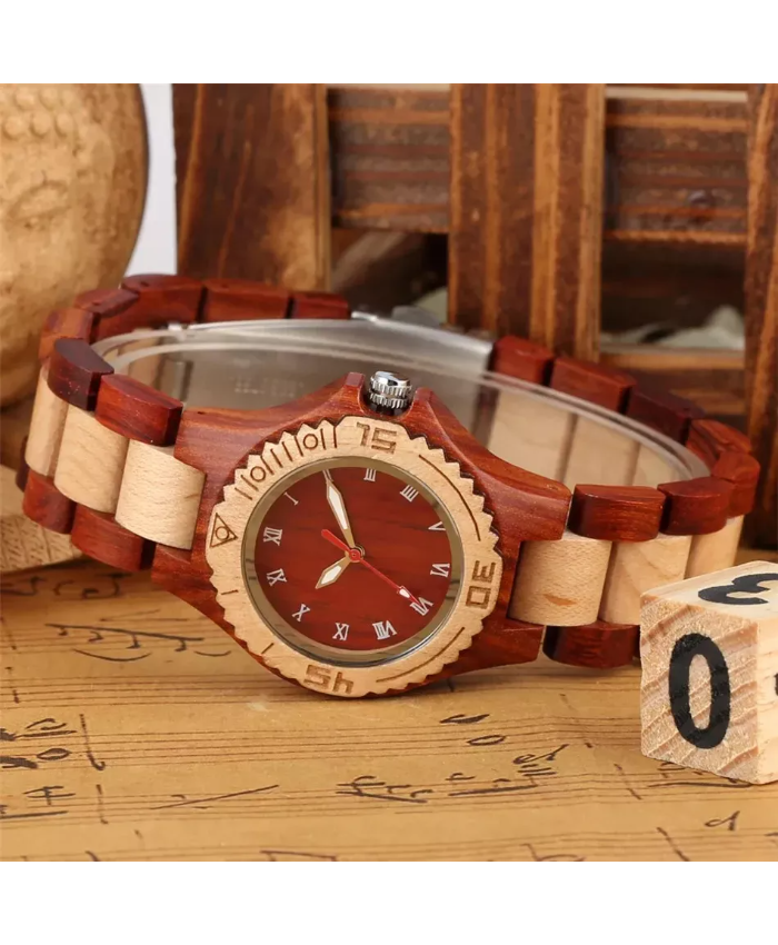 Elegant Wooden Women’s Quartz Bangle Watch with Roman Numerals