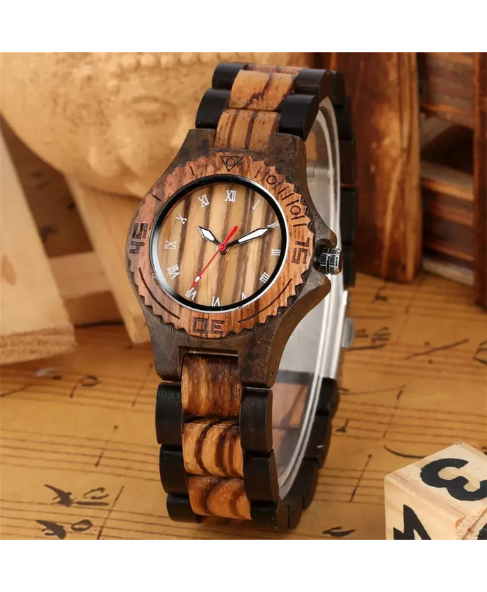 Elegant Wooden Women’s Quartz Bangle Watch with Roman Numerals