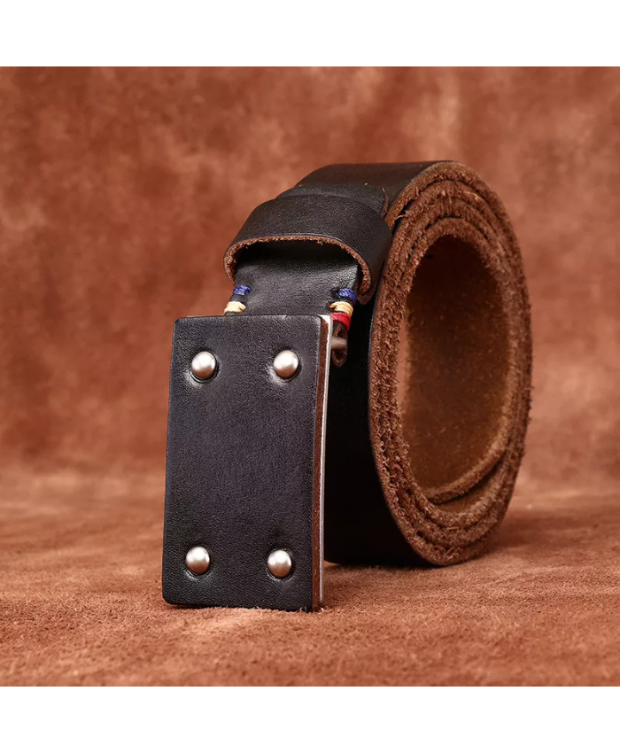 3.8CM Genuine Leather Cowboy Belt with Copper Buckle for Men