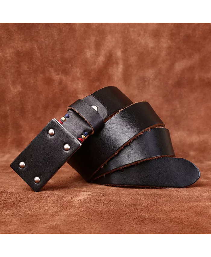 3.8CM Genuine Leather Cowboy Belt with Copper Buckle for Men