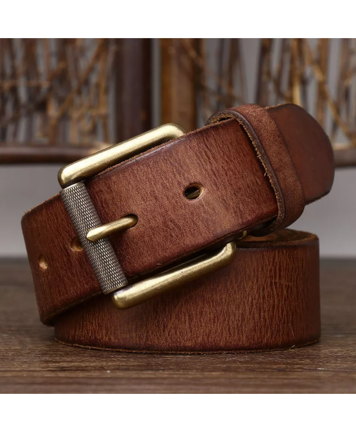 Vintage Wide Leather Belt for Men with Classic Metal Buckle