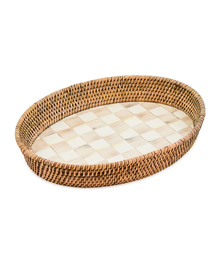 Mocha Check Enamel & Rattan Large Tray
