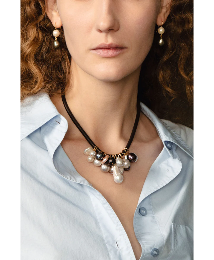 Lea Leather Collar Necklace Pearl