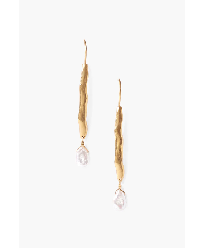 Gold Wave Pearl Drop Earrings White