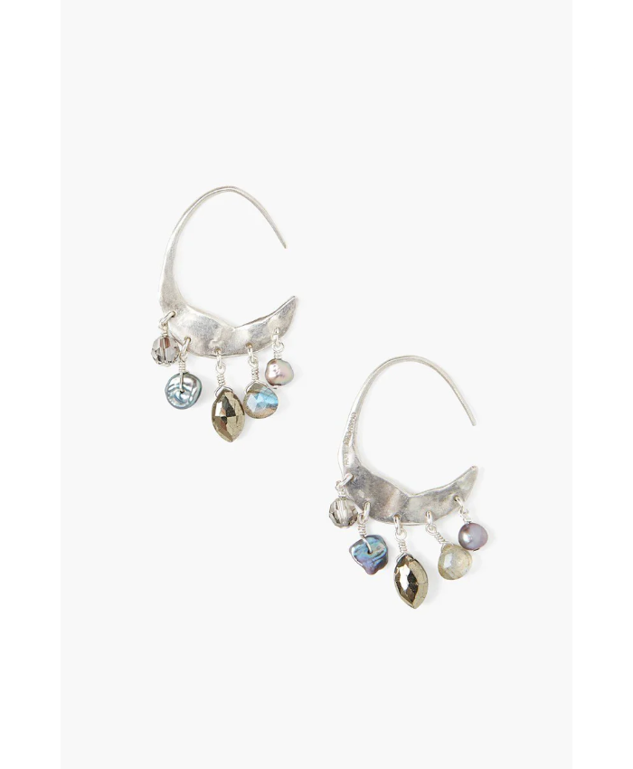 Petite Crescent Grey Pearl And Labradorite Mix Silver Hoop Earrings