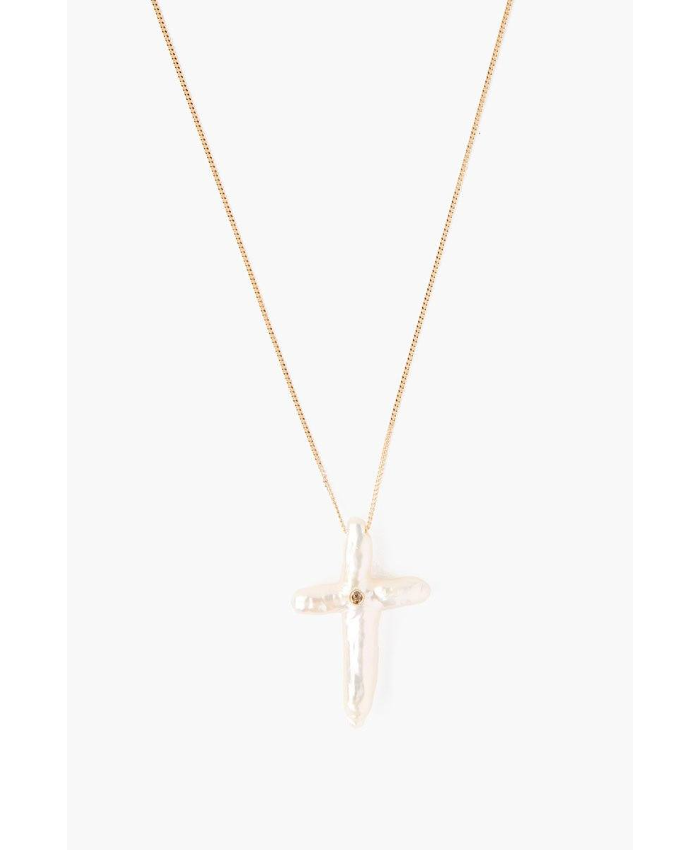 14k White Baroque Pearl Cross And Champagne Diamond Necklace