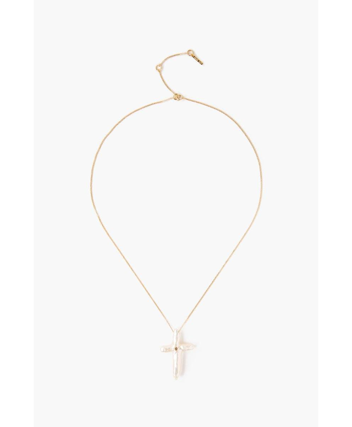 14k White Baroque Pearl Cross and Champagne Diamond Necklace