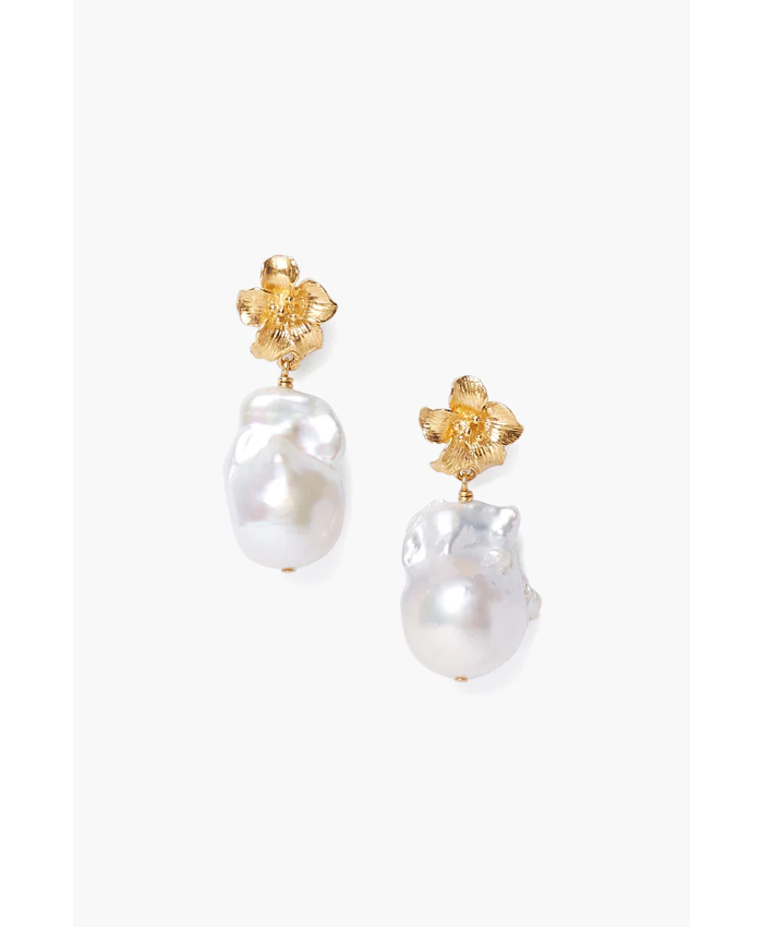 Gold Hibiscus Pearl Drop Earrings