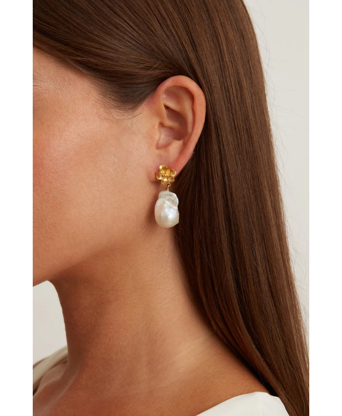 Gold Hibiscus Pearl Drop Earrings