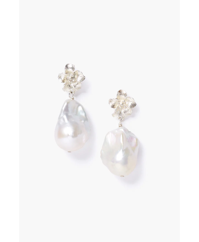 Silver Hibiscus Pearl Drop Earrings