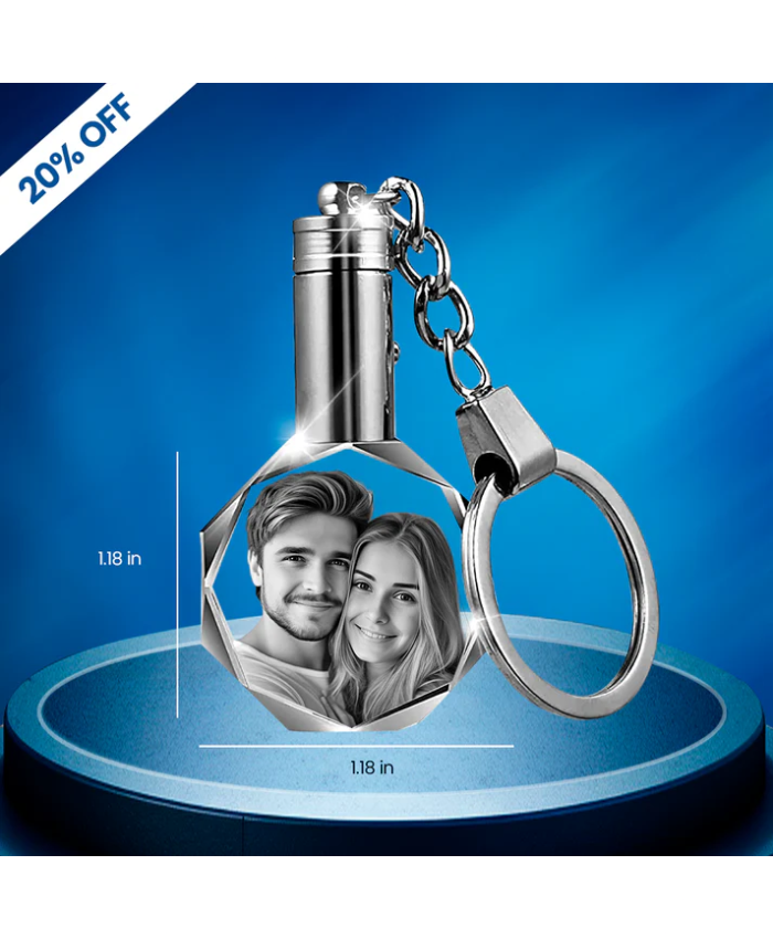 Custom 3D Crystal Photo Round Keychain – Personalized LED Light Gift