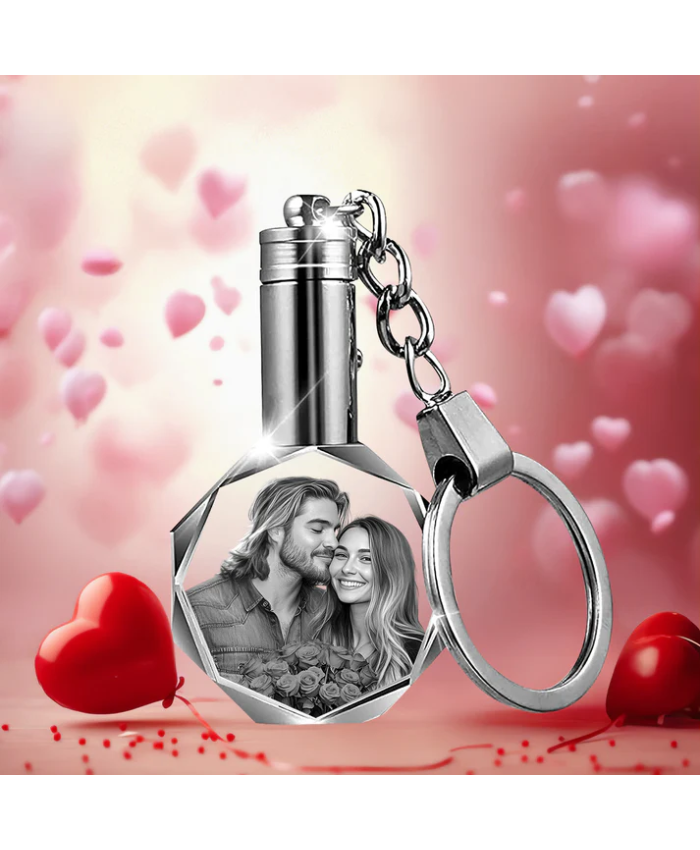 Custom Crystal Photo Round Keychain With LED Light - Valentine's Day