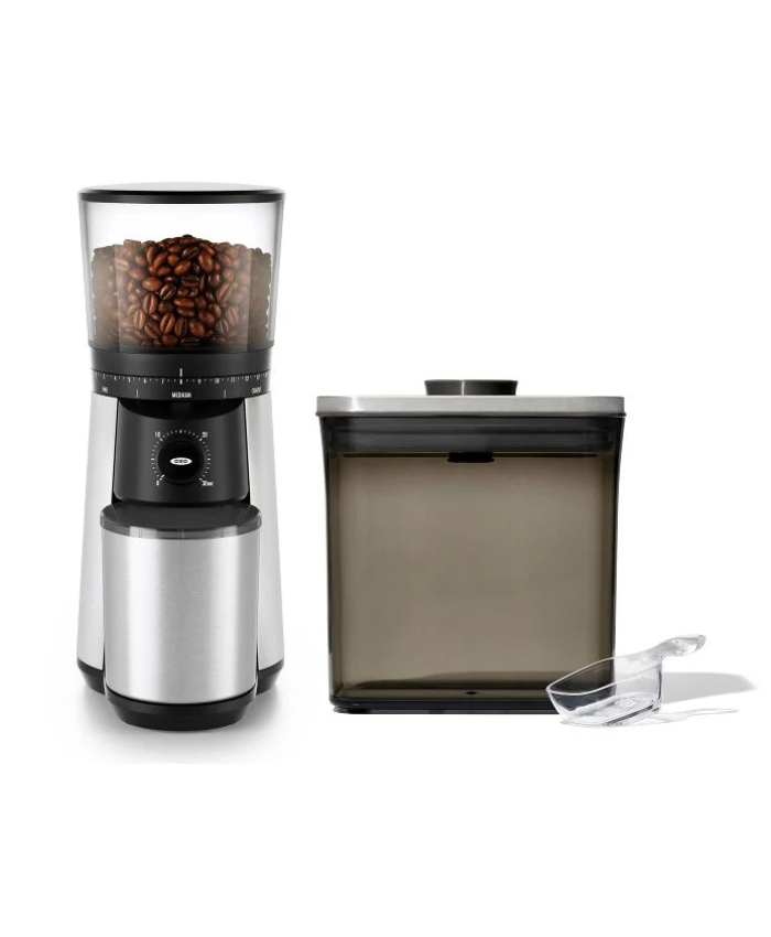 Conical Burr Coffee Grinder & Steel Coffee POP Container (1.7 Qt) With Scoop Bundle