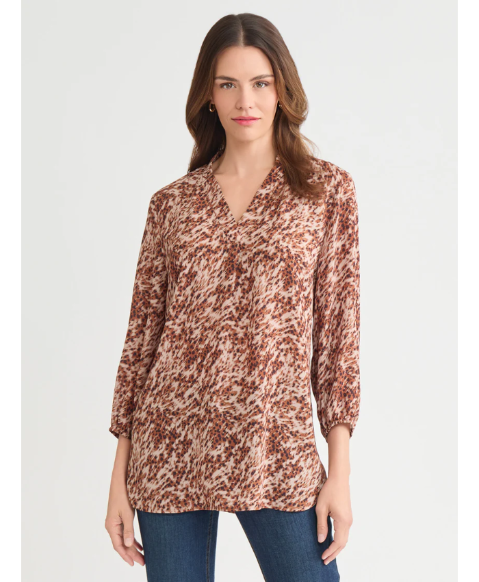 Printed V-Neck Pleated Kelly Blouse, Chiffon
