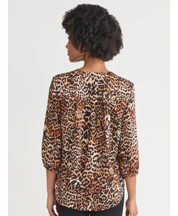 Printed V-Neck Pleated Kelly Blouse, Satin