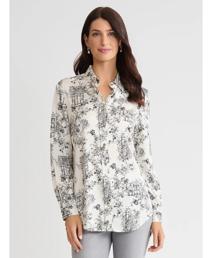 Button-Front Shirt, Printed Flat Satin