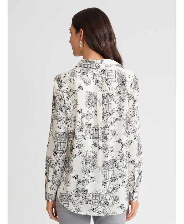 Button-Front Shirt, Printed Flat Satin