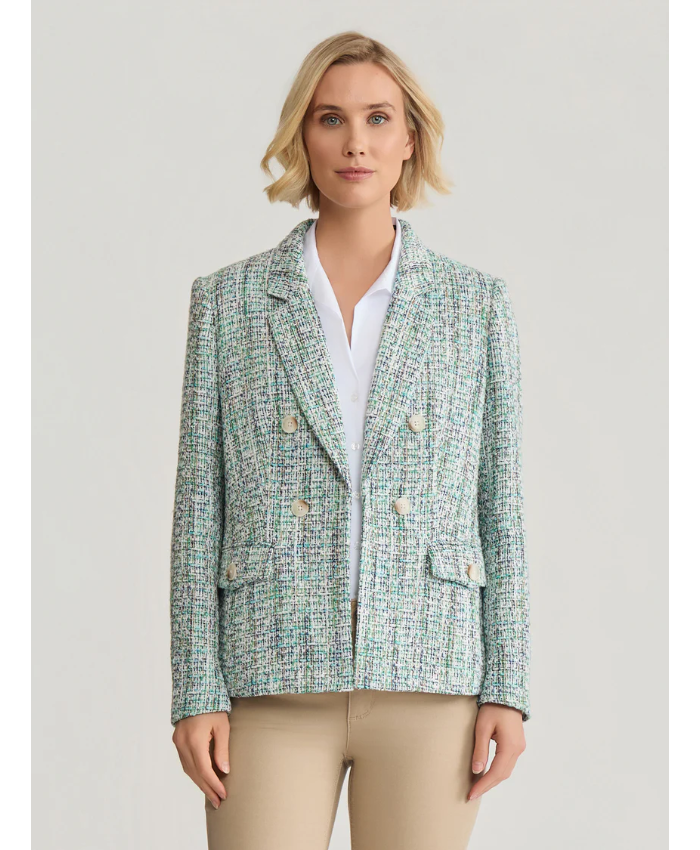 Faux Double Breasted Jacket with Flap Pockets, Tweed