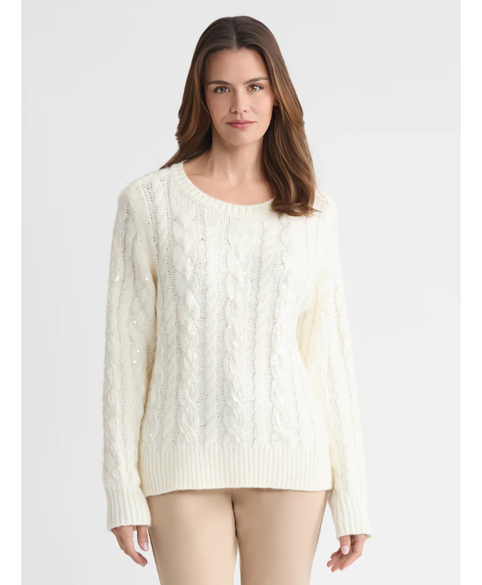 Sequin Cable Knit Crewneck Sweater