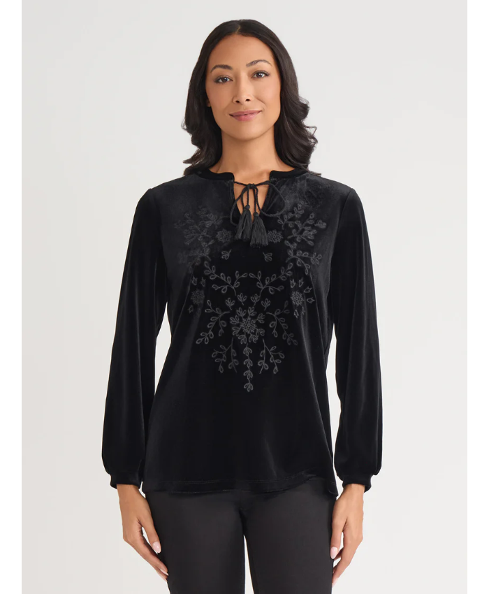 Embroidery V-Neck Velour Top