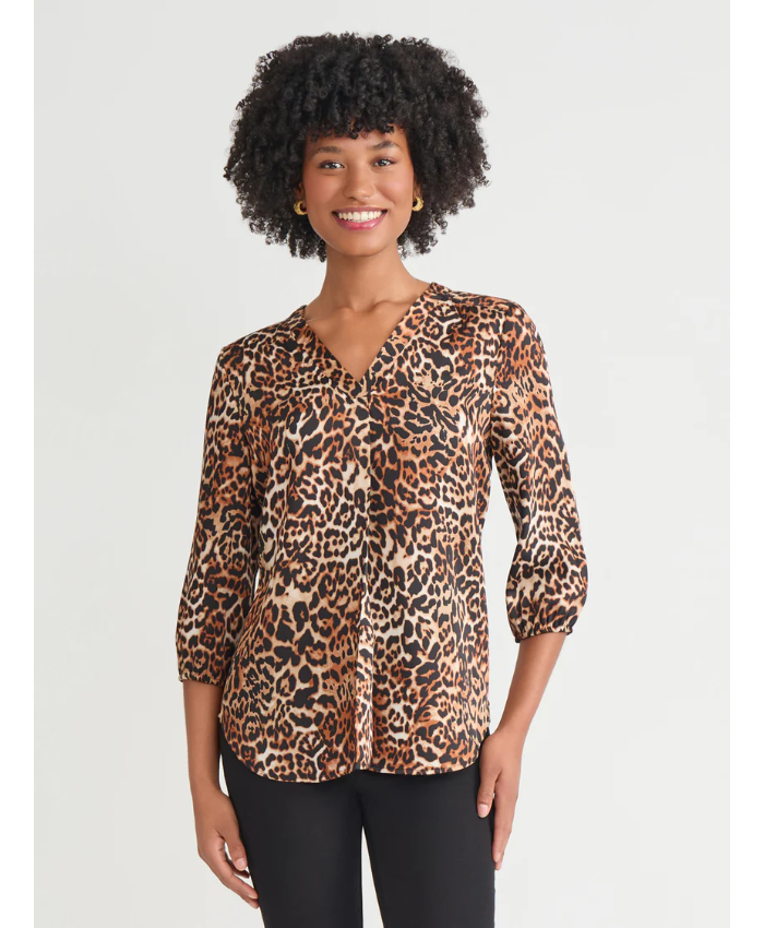 Printed V-Neck Pleated Kelly Blouse, Satin