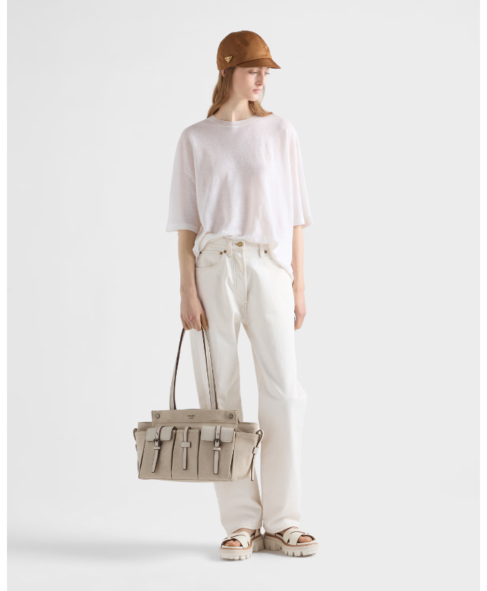 Prada Route Large Canvas And Leather Tote Bag