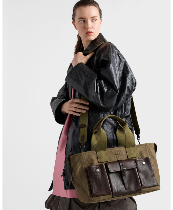 Prada Route large canvas and leather tote bag