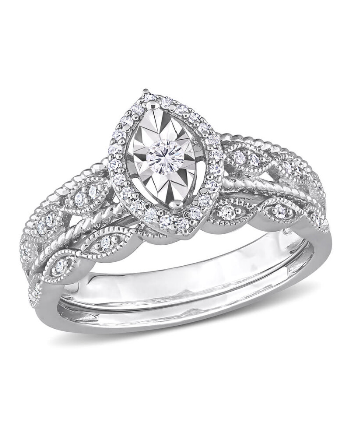 1/5 CT TW Diamond Oval Halo Bridal Ring Set In Sterling Silver, Size 5