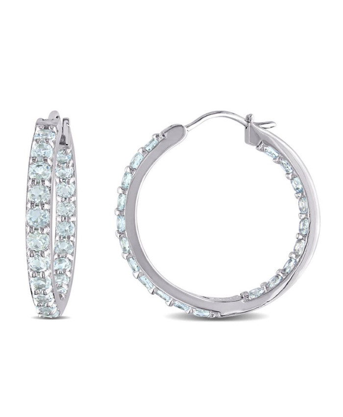 Amour Aquamarine Inside Outside Hoop Earrings In Sterling Silver
