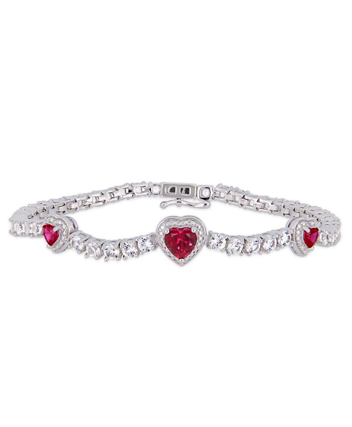 Amour 8-2/5 CT TGW Created Ruby and Created White Sapphire Stationed Triple Halo Heart Tennis Bracelet In Sterling Silver