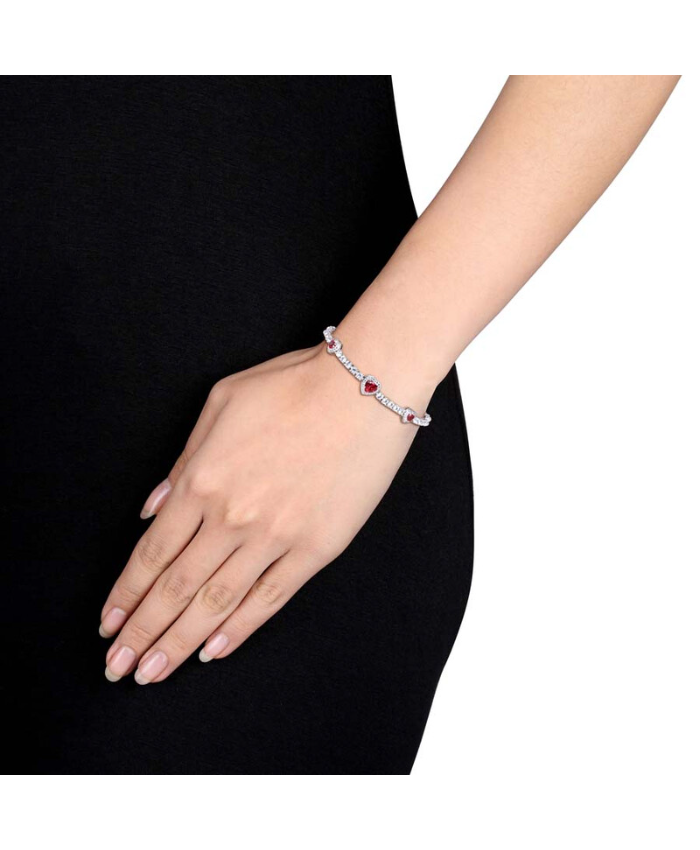 Amour 8-2/5 CT TGW Created Ruby and Created White Sapphire Stationed Triple Halo Heart Tennis Bracelet In Sterling Silver