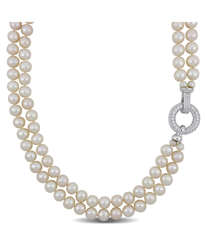 Amour 7-8mm Freshwater Cultured Pearl 2-Strand Necklace With Cubic Zirconia Clasp In Sterling Silver, 16 & 17 In