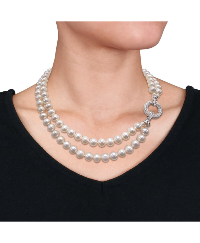 Amour 7-8mm Freshwater Cultured Pearl 2-Strand Necklace with Cubic Zirconia Clasp In Sterling Silver, 16 & 17 In