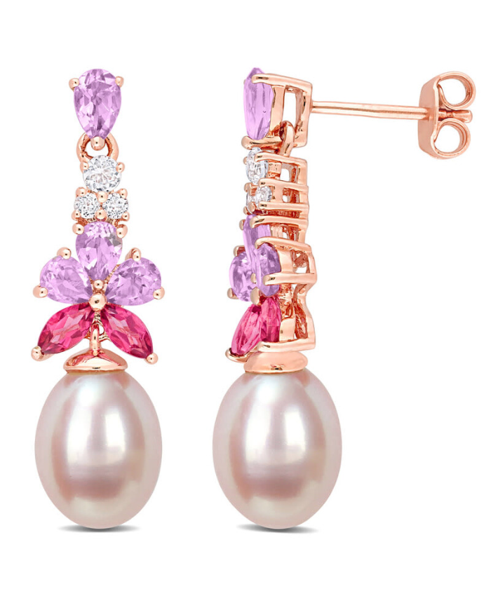 8.5-9mm Pink Freshwater Cultured Pearl 2 3/8 CT TGW Rose De France And White And Pink Topaz Floral Drop Earrings In Rose Plated Sterling Silver