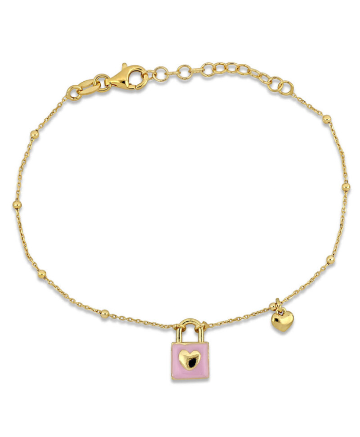 Amour Lock and Heart Pink Enamel Diamond Cut Cable and Ball Bead Chain Bracelet in Yellow Plated Sterling Silver
